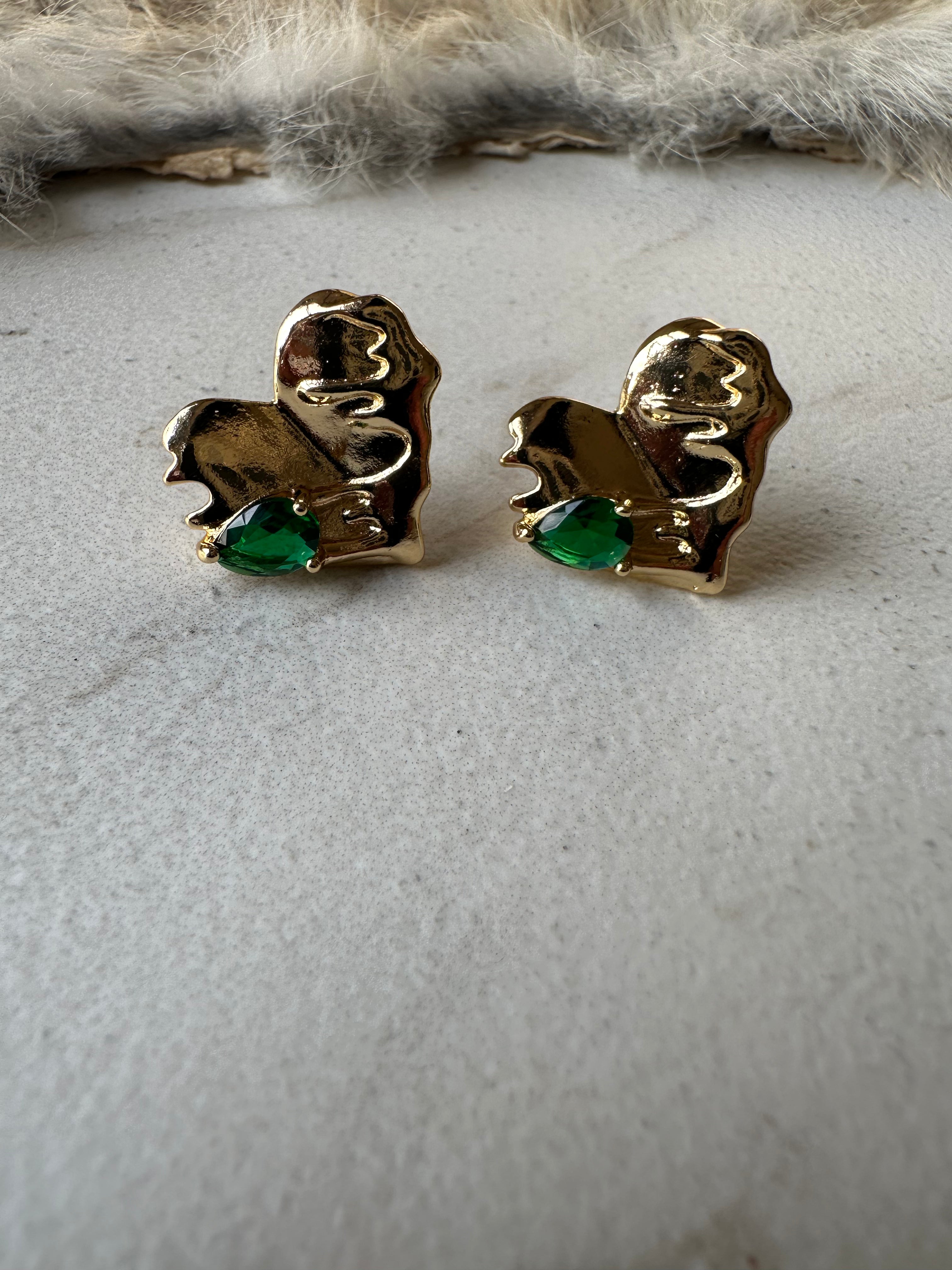 Stamped Emerald Heart Studs